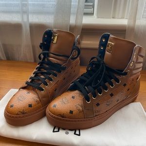 MCM Visetos Carryover High Top Leather Sneakers - Cognac - Like NEW